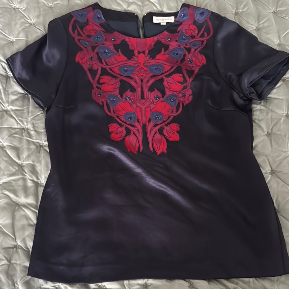 Tory Burch Black and Red Embellished Blouse